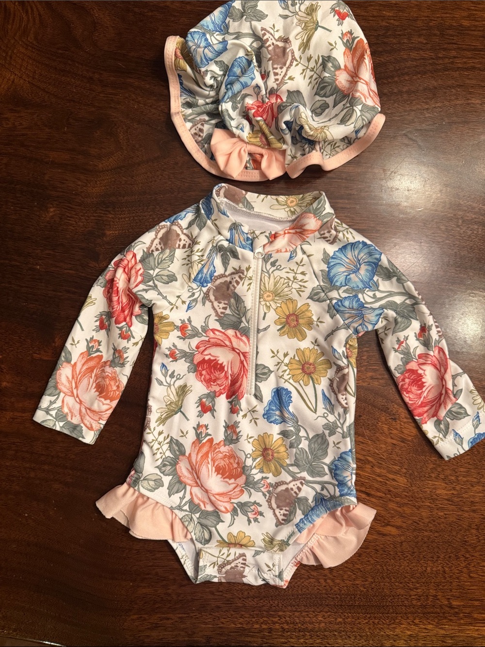 Floral Long-Sleeve Baby Rashguard Swimsuit Set in Pink, Blue, Sage with hat.